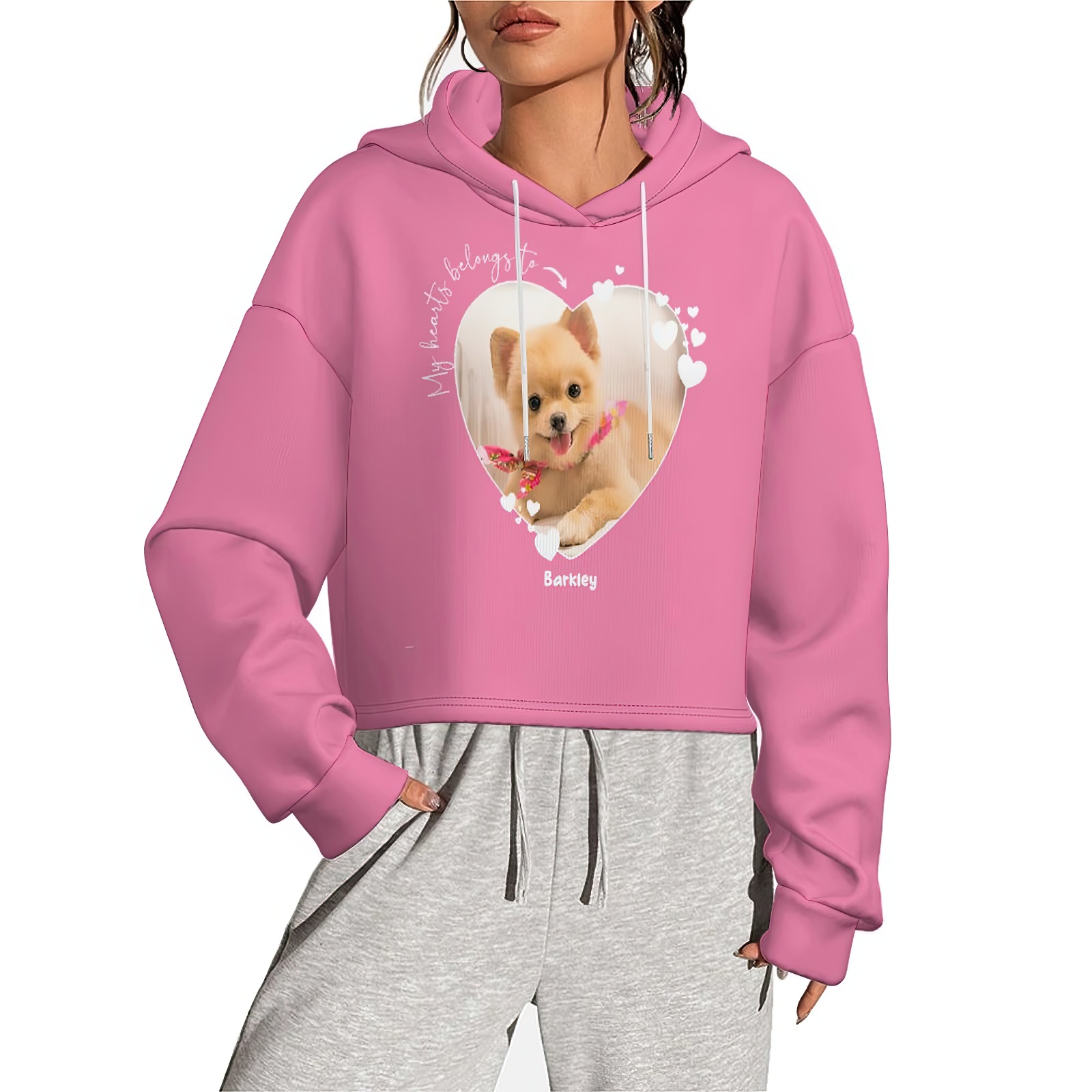 Women Pink Custom My Heart Belongs to Dog Lover Cropped Top Pet Photo Hoodie Personalized Your Name